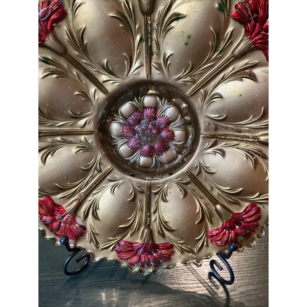 10.5" Antique Goofus Glass Sawtooth Edge Plate Red Gold Roses - Picture 5 of 14